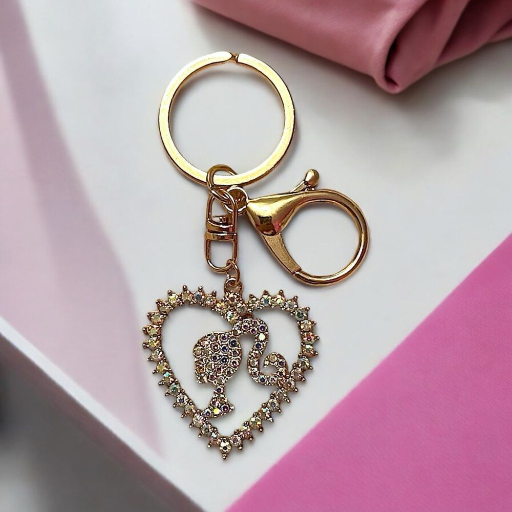 Barbie Aurora Borealis Rhinestone Heart Gold Tone Keychain Bag Charm